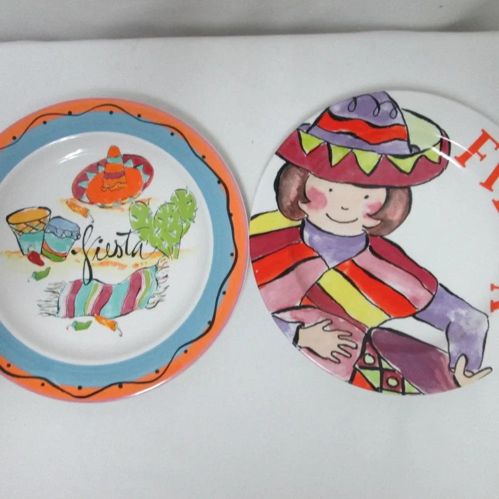 R Table Fiesta ceramic salad dessert plate set 2 Mariachi Cactus Mexican Theme